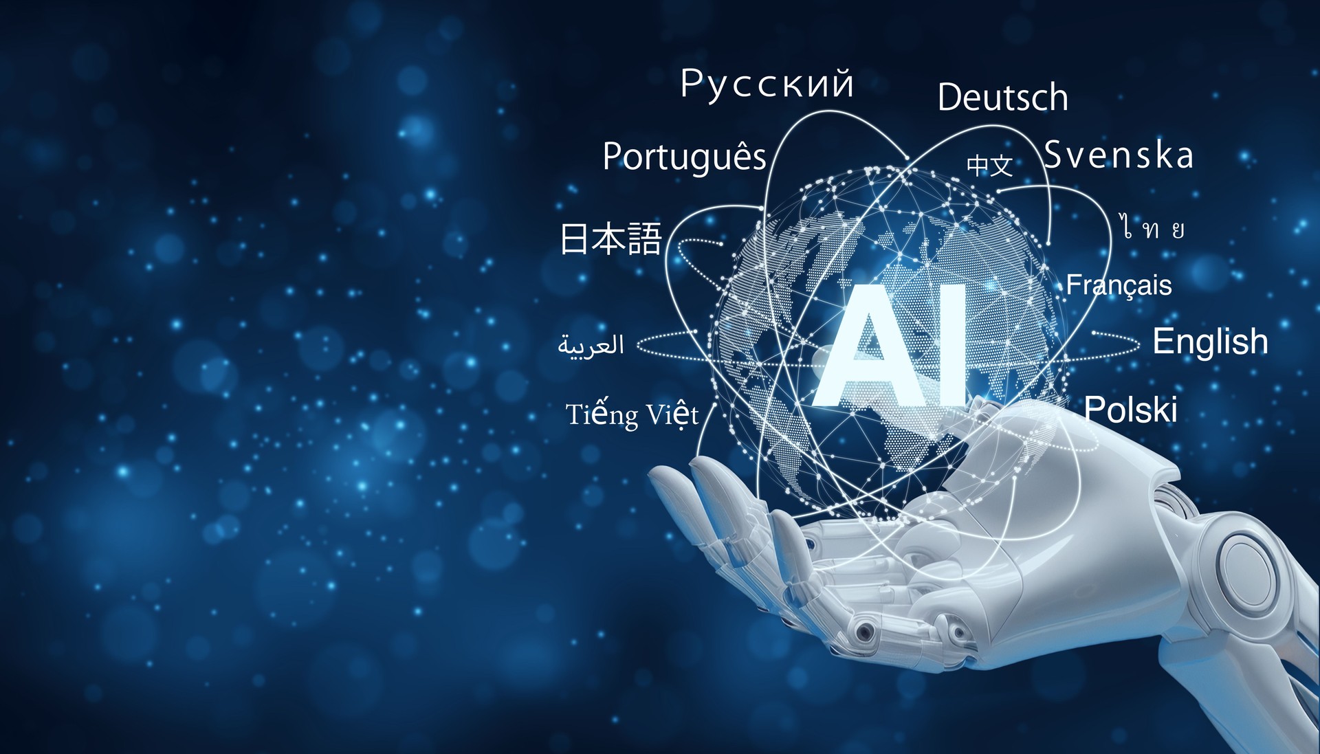 Artificial Intelligence and Multilingual Communication Concept with Robotic Hand